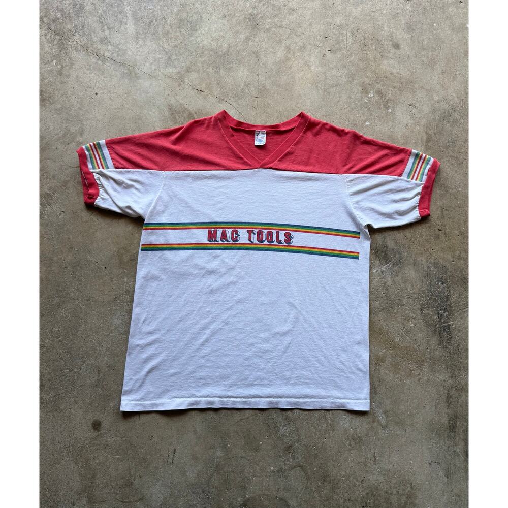 VTG 1980s Champion 'Mac Tools' Red/White V-Neck T-shirt Size Small